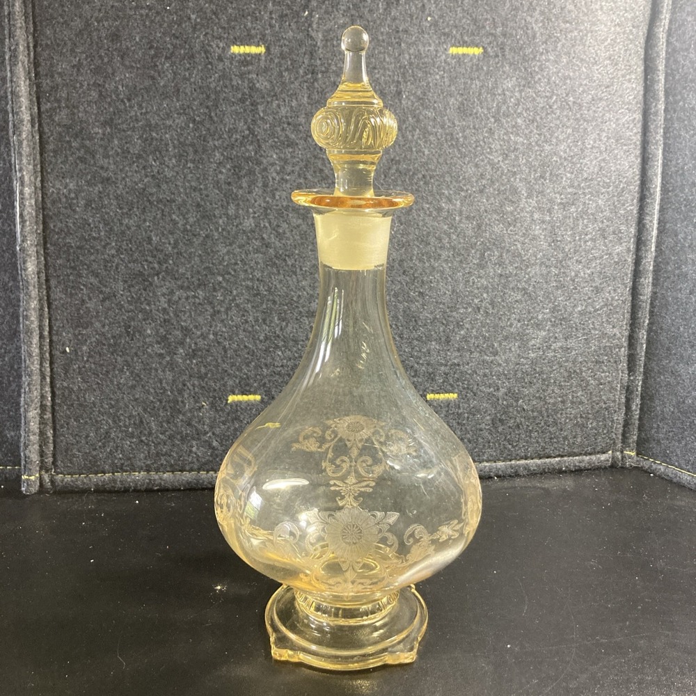 Vintage Amber Etched Floral Glass Decanter 11" Ornate Stopper Footed